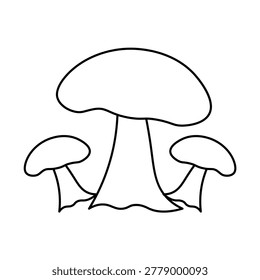 A simple, clean line drawing of three mushrooms. The largest mushroom is in the center, with two smaller mushrooms flanking it on either side. The drawing is in black and white.