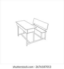 Dibujo de línea simple y limpio de un escritorio y banco de estudiante tradicional.