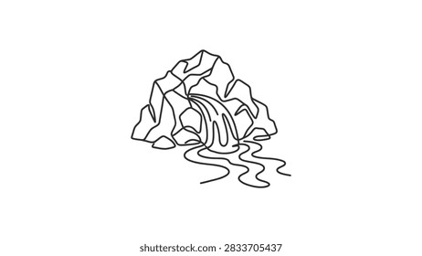 A simple, clean line drawing of a waterfall cascading from a rocky formation into a winding stream. Isolated on a white background.