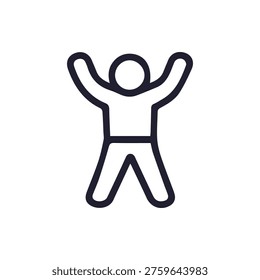 A simple, clean line icon of a person with arms and legs spread out in a pose of celebration or exercise. Isolated vector graphic on a white background.