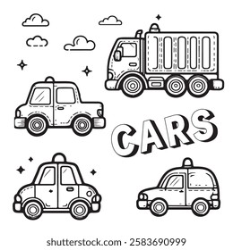 Simple clean lineart, coloring page for children: cars set - police car, lorry, truck