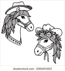 Simple clean lineart, coloring page for children: Horse girl and horse boy cute character avatar