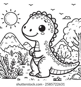 Simple clean lineart, coloring page for children: Cute fairytale dinosaur with nature background