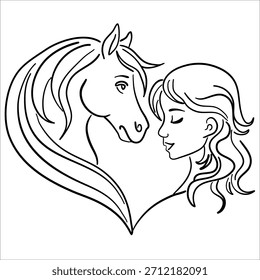 Lineal limpio simple, página para colorear para niños: niña y su caballo amor puro