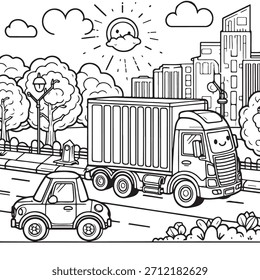 Einfache, saubere Lineart, Malvorlage für Kinder: ein LKW auf der Straße, voller Hintergrund	