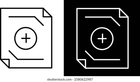 Simple and clean minimalist icon design showing a document symbol featuring a plus sign. Ideal for applications in digital, business, and creative themes, suitable for contrasting visual presentations