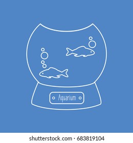 simple clean modern glass ball vector cartoon aquarium. fishbowl isolated. two contour fish in a round bowl isolated with bubbles & sign. white line or outline flat design style blue background