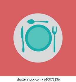 simple clean modern isolated with a place setting - knife, plate, spoon & fork vector illustration on flat design style red background. ready to eat in a rounded circle like website button