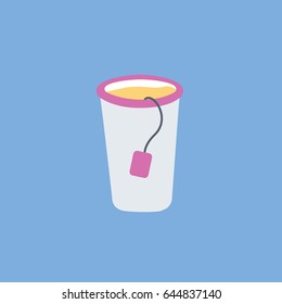 simple clean modern lemon tea in cardboard cup vector icon with tea bag cartoon isolated. Opened take out or take away flat design style.