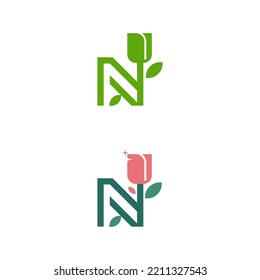 diseño de logotipo sencillo, limpio y moderno con combinación inteligente de hoja, flor y letra n.