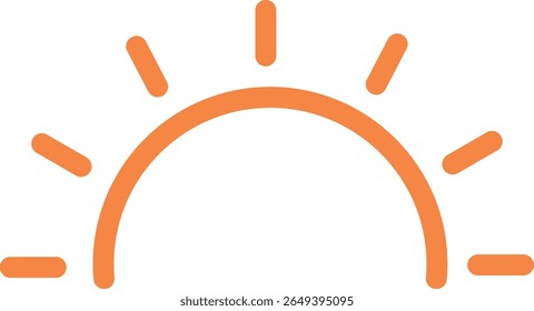 A simple, clean, and modern orange line art icon representing a rising sun or sunrise. The minimalist design features a semi-circle with radiating lines, perfect for concepts of hope, new beginnings, 