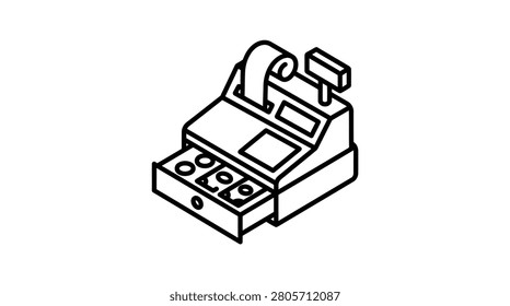 A simple, clean monoline 3D illustration of a vintage cash register with its drawer open, displaying coins and a receipt. Ideal for retail, commerce, or finance concepts.