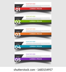 Plantilla simple de banners de número limpio con lugar para sus datos. Diseño gráfico moderno con 5 pasos para diagrama, gráfico, gráfico, info gráfico, diseño de sitio web, flujo de trabajo, informe anual, diseño web. EPS 10.