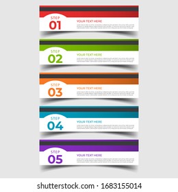 Plantilla simple de banners de número limpio con lugar para sus datos. Diseño gráfico moderno con 5 pasos para diagrama, gráfico, gráfico, info gráfico, diseño de sitio web, flujo de trabajo, informe anual, diseño web. EPS 10.