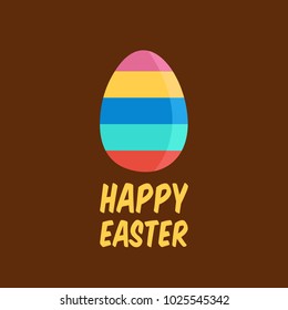 simple clean one vector icon cartoon isolated cool creative concept colorful egg with sripes greeting card. happy easter text flat design & chocolate brown color background. happy holiday postcard