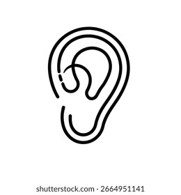 Icono de contorno simple y limpio de una oreja presentada de forma aislada sobre un fondo blanco liso.