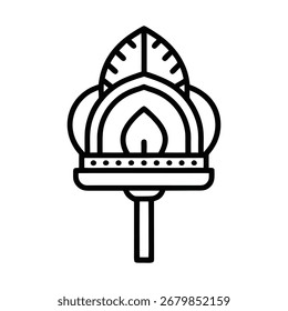 Icono de contorno simple y limpio de un khurpi indio, una azada de mano tradicional, presentada sobre un fondo blanco para una fácil integración en los diseños.