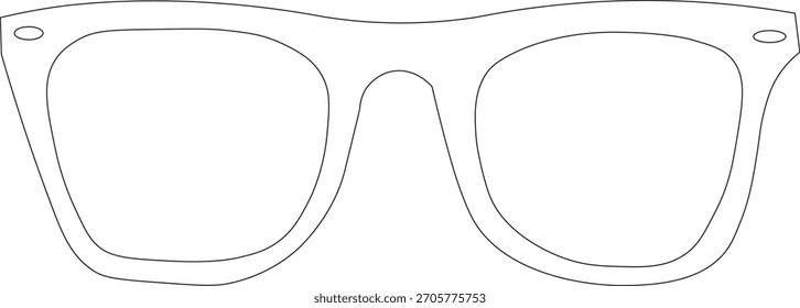 Um simples e limpo esboço de um par de óculos de sol com molduras suaves e arredondadas e templos suavemente curvados. O design é mínimo e moderno, com trabalho em linha ousado e uniforme que define claramente as lentes a