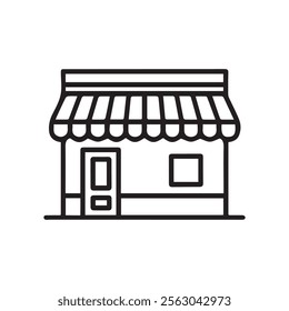 Simple and clean outline vector of a storefront with a striped awning, door, and window. Ideal for business branding, retail icons, and e-commerce illustrations.