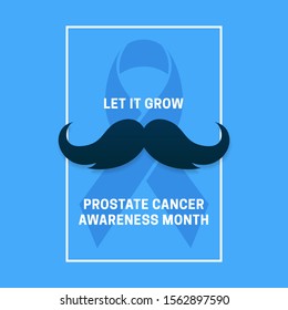 Simple clean Prostate Cancer Awareness Month poster campaign design with mustache vector illustration and blue ribbon background.