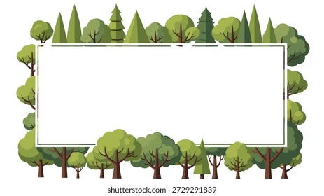 Marco rectangular simple y limpio bordeado por una variedad de árboles de dibujos animados verdes y Elementos forestales en la parte superior e inferior.