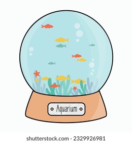 simple clean round aquarium cartoon icon like a cristal Christmas ball with many goldfish in the water flat design vector. golden fish group swim isolated illustration with coral or seaweed and bubble