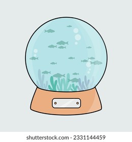 simple clean round aquarium cartoon icon like a cristal Christmas ball concept and many fish in the water flat design vector. creative group swim isolated illustration with coral or seaweed and bubble