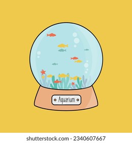 simple clean round aquarium cartoon icon like a cristal Christmas ball with many goldfish in the water flat design vector. golden fish group swim isolated illustration with coral or seaweed and bubble