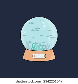 simple clean round aquarium cartoon icon like a cristal Christmas ball concept and many fish in the water flat design vector. creative group swim isolated illustration with coral or seaweed and bubble