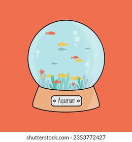 simple clean round aquarium cartoon icon like a cristal Christmas ball with many goldfish in the water flat design vector. golden fish group swim isolated illustration with coral or seaweed and bubble