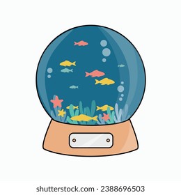 simple clean round aquarium cartoon icon like a cristal Christmas ball with many goldfish in the water flat design vector. golden fish group swim isolated illustration with coral or seaweed and bubble