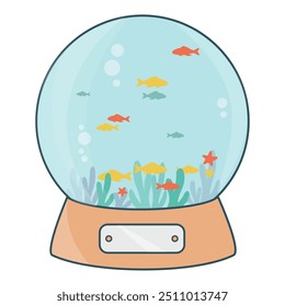 simple clean round aquarium cartoon icon like a cristal Christmas ball with many goldfish in the water flat design vector. golden fish group swim isolated illustration with coral or seaweed and bubble