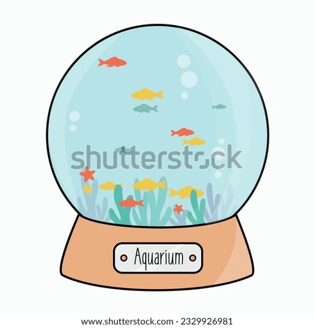 simple clean round aquarium cartoon icon like a cristal Christmas ball with many goldfish in the water flat design vector. golden fish group swim isolated illustration with coral or seaweed and bubble