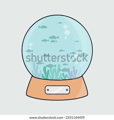 simple clean round aquarium cartoon icon like a cristal Christmas ball concept and many fish in the water flat design vector. creative group swim isolated illustration with coral or seaweed and bubble
