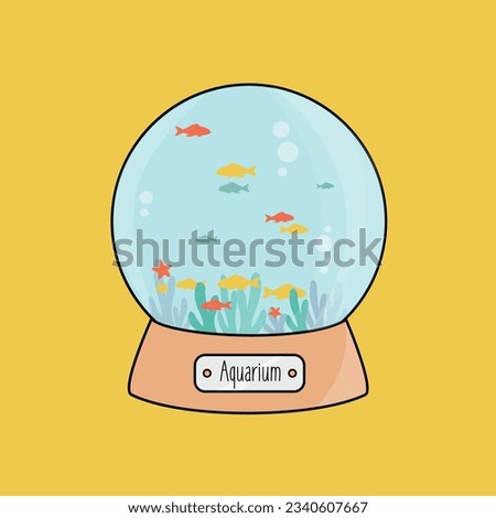simple clean round aquarium cartoon icon like a cristal Christmas ball with many goldfish in the water flat design vector. golden fish group swim isolated illustration with coral or seaweed and bubble
