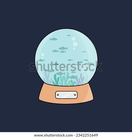 simple clean round aquarium cartoon icon like a cristal Christmas ball concept and many fish in the water flat design vector. creative group swim isolated illustration with coral or seaweed and bubble