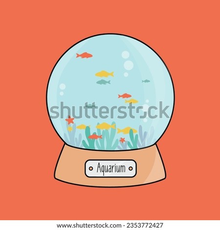 simple clean round aquarium cartoon icon like a cristal Christmas ball with many goldfish in the water flat design vector. golden fish group swim isolated illustration with coral or seaweed and bubble
