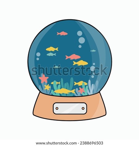 simple clean round aquarium cartoon icon like a cristal Christmas ball with many goldfish in the water flat design vector. golden fish group swim isolated illustration with coral or seaweed and bubble