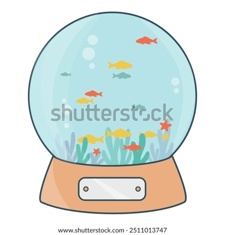 simple clean round aquarium cartoon icon like a cristal Christmas ball with many goldfish in the water flat design vector. golden fish group swim isolated illustration with coral or seaweed and bubble
