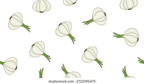 Einfaches und sauberes, nahtloses Muster aus frischen Knoblauchzwiebeln mit grünen Stielen, die auf einfarbigem, weißem Hintergrund verstreut sind, für kulinarisches Design.