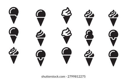 Simple and clean set of ice cream cone icons featuring diverse soft serve styles and creamy ice cream scoops.