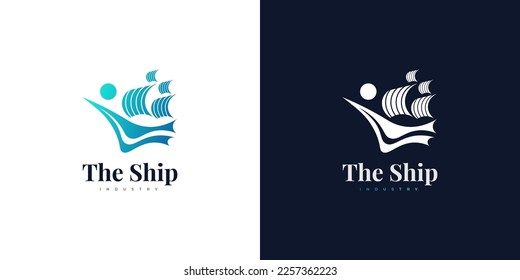 Simple and Clean Ship Logo Design in Blue and Green Gradient Style. Sailing Boat Logo or Icon