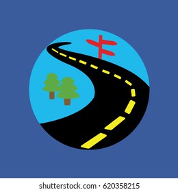 a simple, clean sign or icon with road vector illustration or way & tree in a rounded circle button for web site & app on flat design blue background