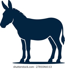 A simple, clean silhouette of a donkey in a deep blue hue, presented against a white background.