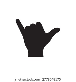 A simple, clean silhouette of a hand making a gesture with the index finger extended upward while the other fingers are slightly curled. The image features a solid black fill against a plain white bac.