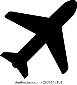 A simple, clean silhouette icon of an airplane, perfect for travel, aviation, or transportation themes. The design is set against a white background.