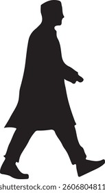 A simple, clean silhouette of a man walking, wearing a coat.