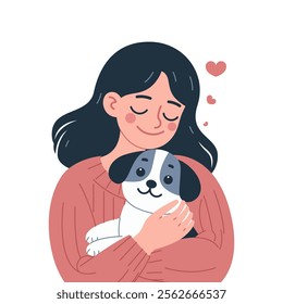 Simple Clean Soft Modern Flat Illustration of Girl and Dog in a Loving Hug with Minimalist Cartoon Style