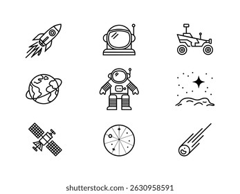 Ícones espaciais simples e limpos representando o cometa e a lua do satélite astronauta terra do foguete