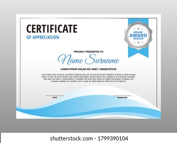 Diseño de certificado de onda azul simple y elegante, vector profesional de plantilla de certificado moderno